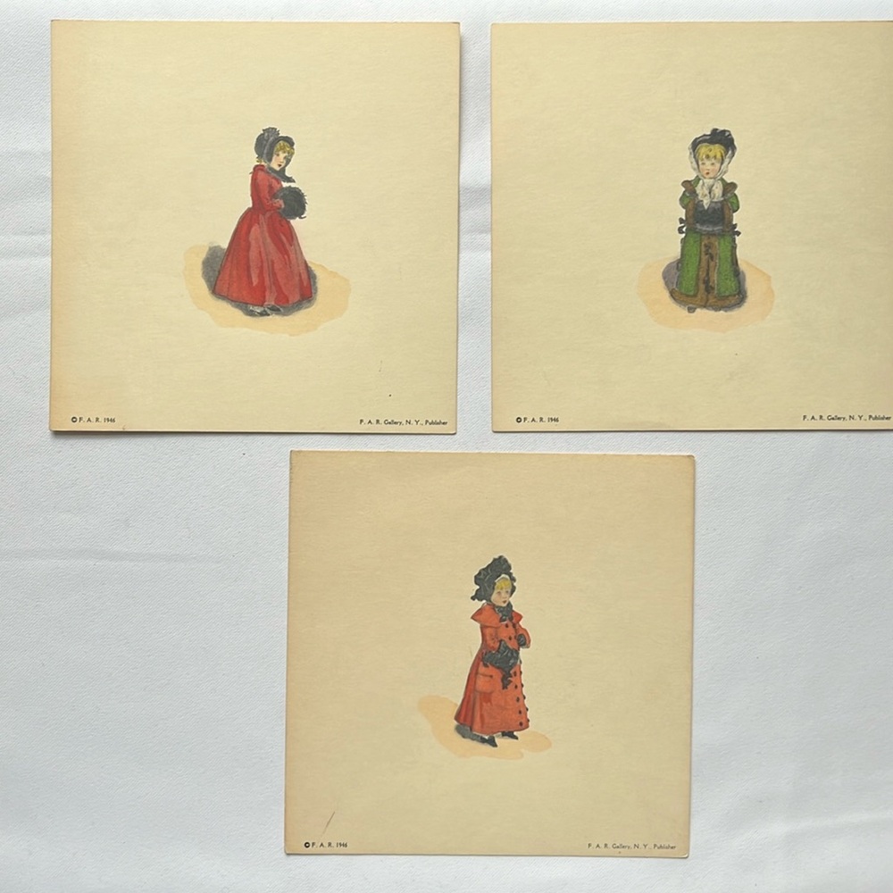 Kate Greenaway / 3 Prints / 6x6 / 
Vintage/ Girl in Red Dress x 2 / Green Dresse